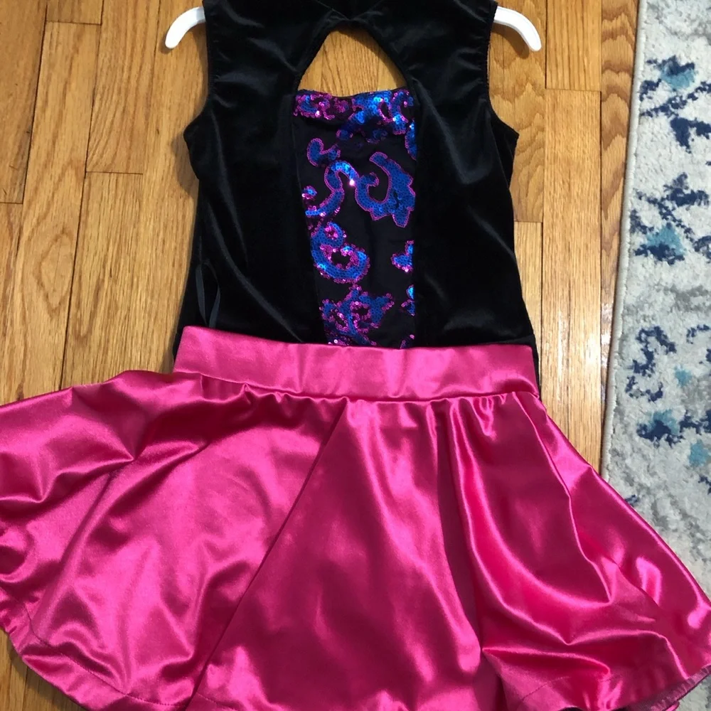 Dance costume velvet one piece with shorts & pink fuschia skirt tap jazz size XL